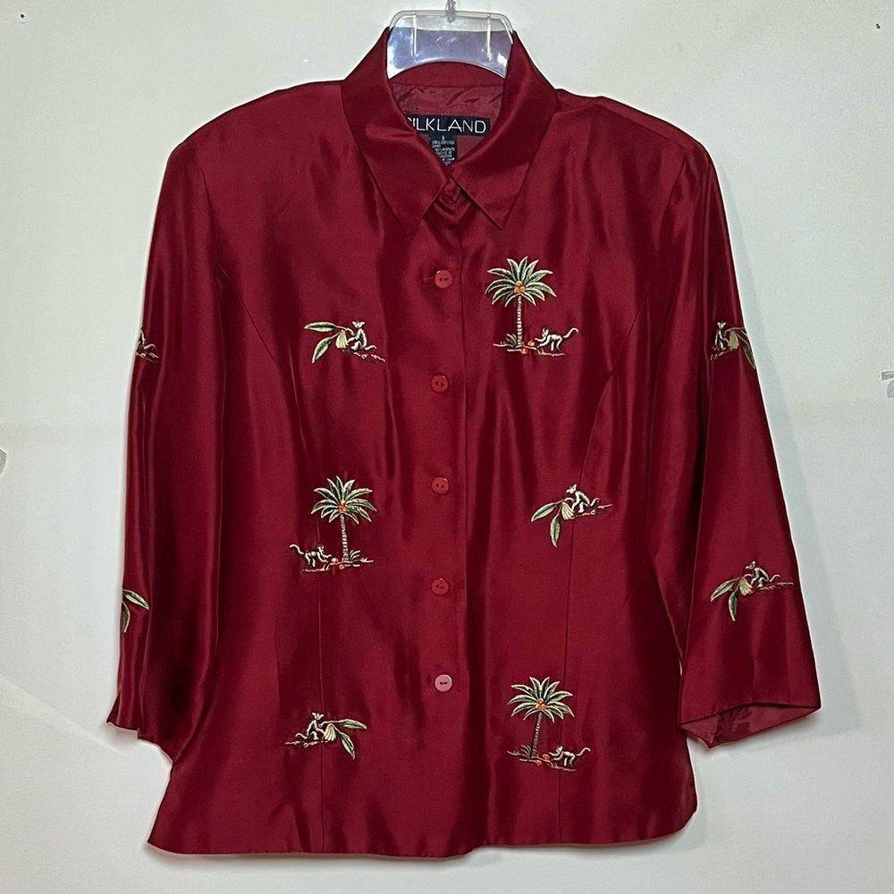 Silkland Size 8 Burgundy Red 3/4 Sleeve Embroidered Monkeys Palm Trees Blouse